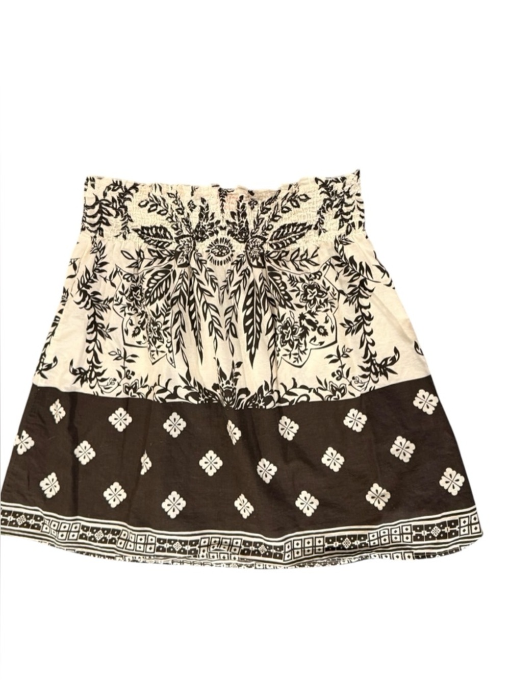Floral Cotton Skirt Print Smocked Waist Pull On Brown Cream Large
